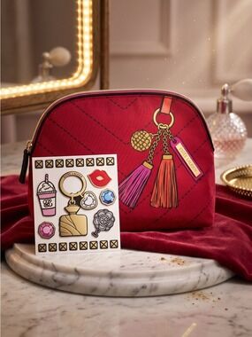 Estée Lauder Red Tassel Print Cosmetic Makeup Bag + Sticker Set NWOT